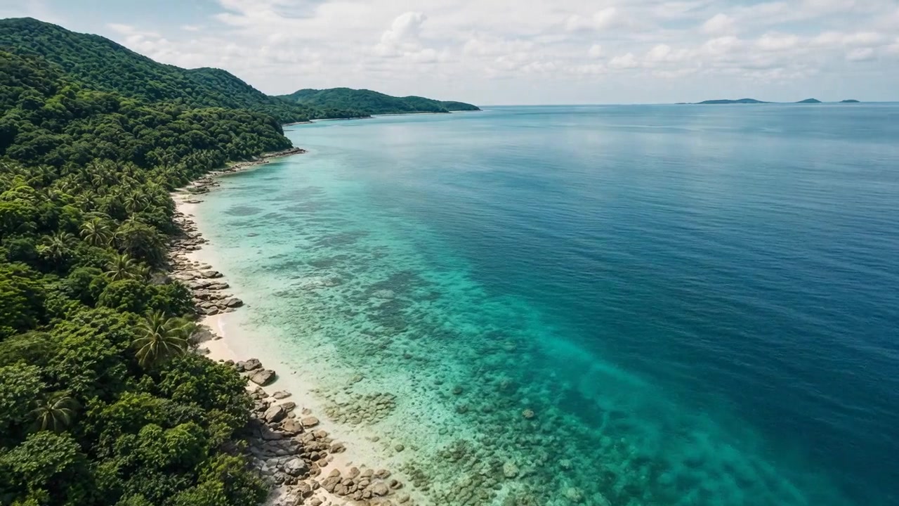 Still aerial view of a Guam-connected reef-lined Pacific coast